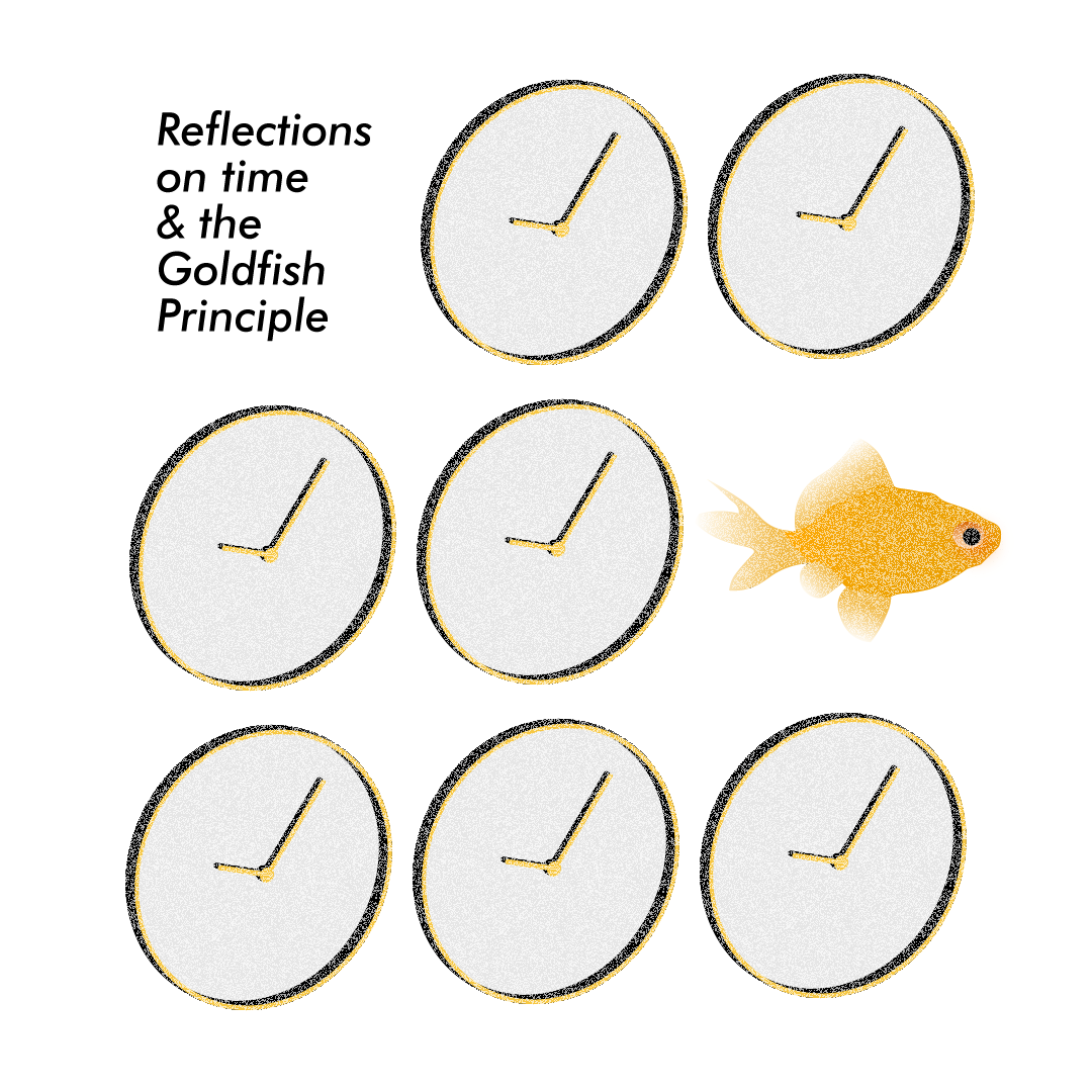 A graphic representing several clock faces and a goldfish